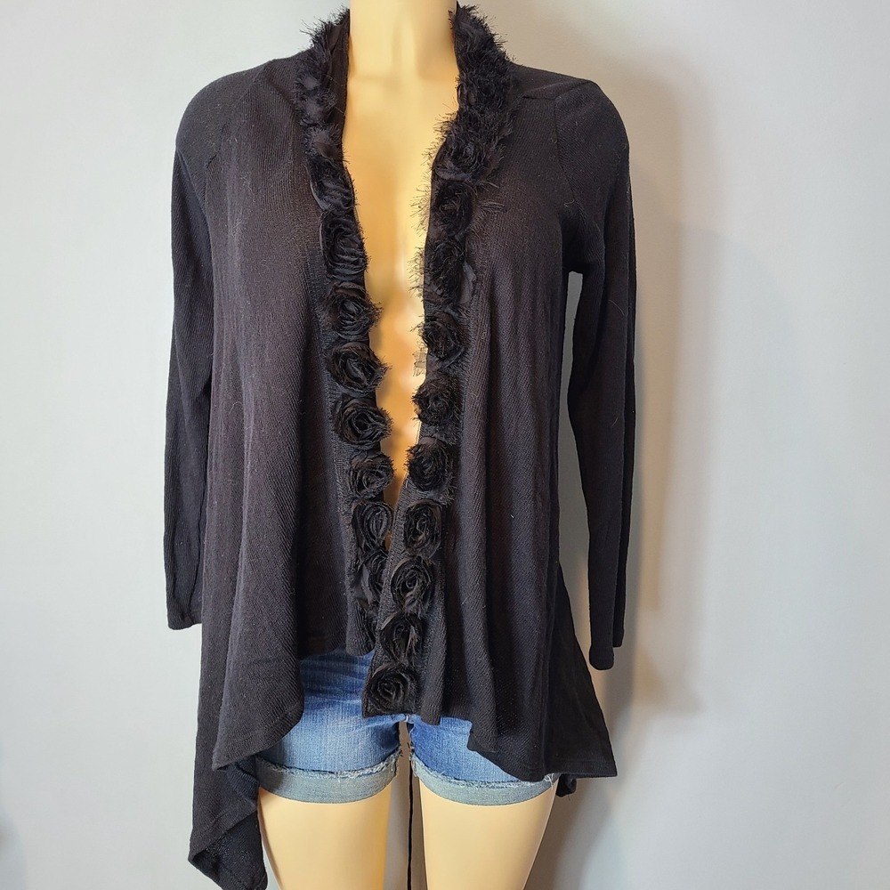 Vtg Y2K Rampage Cardi Sweater Women XS Black Tie Front Buffy Goth Rose Romance - Picture 4 of 9